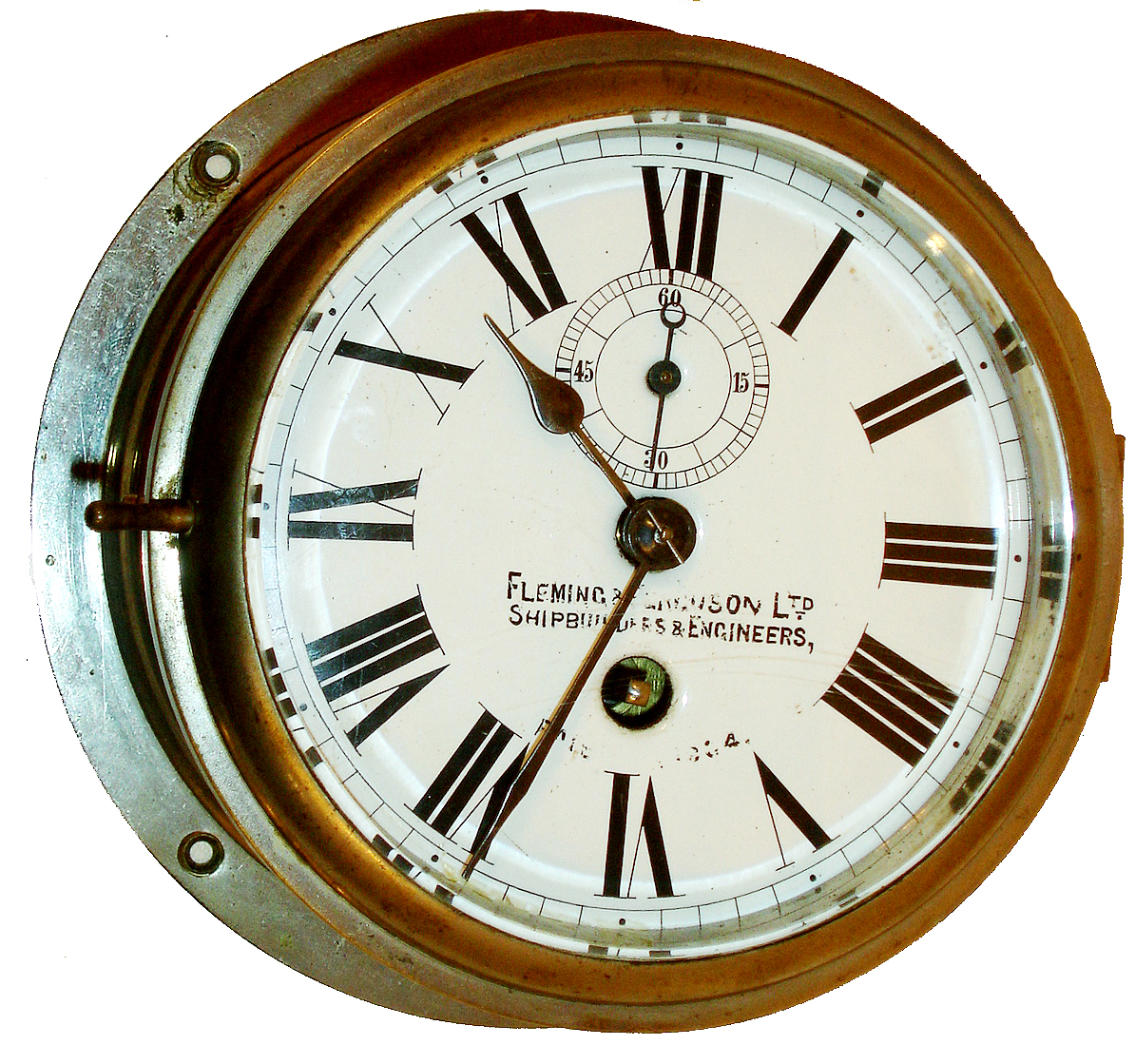 English engine room clock, nickel plated brass case with beveled glass, Roman numeral white enamel dial marked "Fleming &amp; Ferguson Shipbuilders &amp; Engineers Paisley" (Scotland), blued steel hands, round 8 days, fusee timepiece with lever platform, the plates with decorative scraping, c1900 — Antique Clocks Price Guide