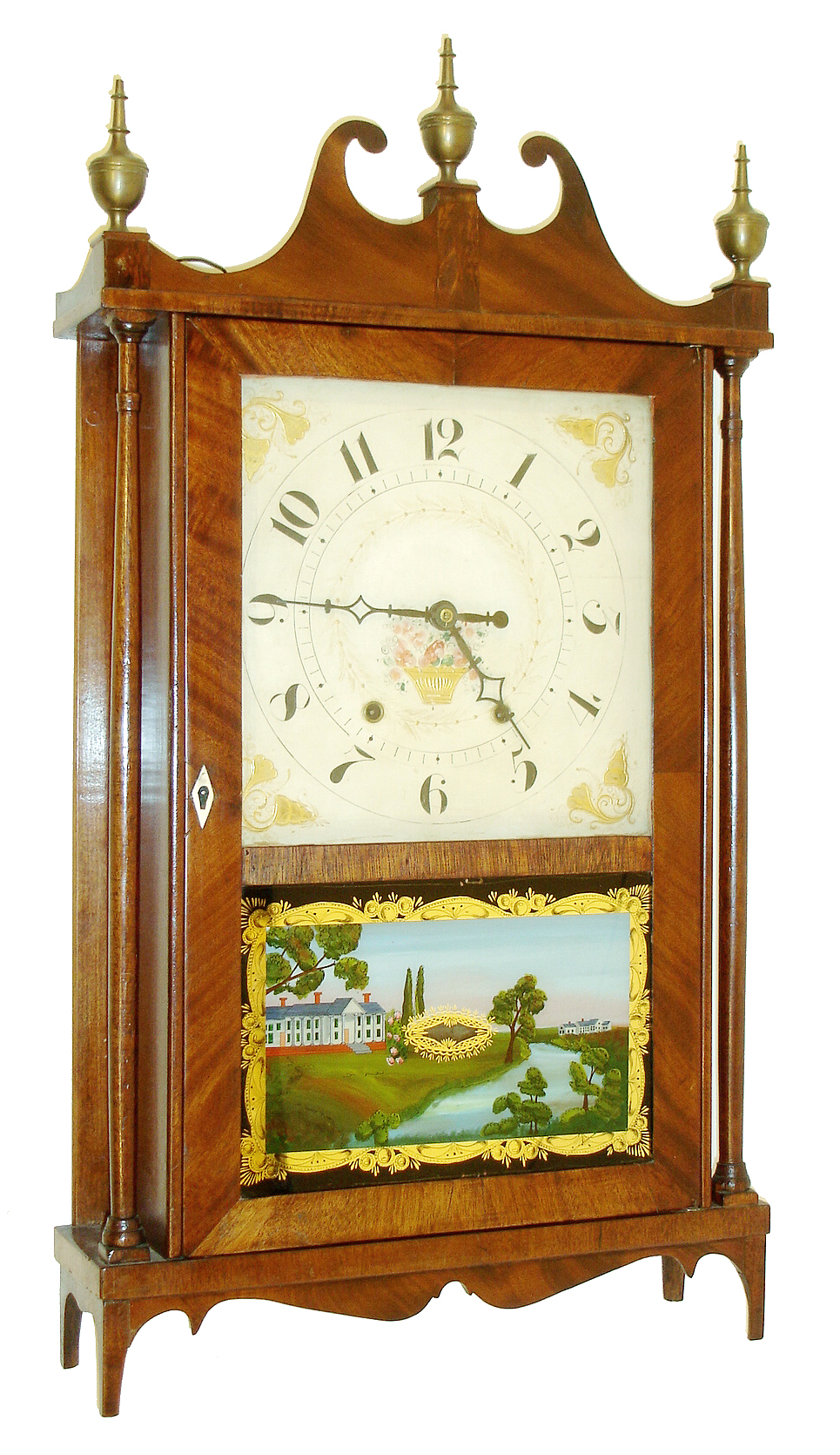 Attributed to Wadsworth, Lounsbury &amp; Turners, Litchfield, Conn., 30 hours, time and strike, weight wood movement pillar &amp; scroll shelf clock, c1830 — Antique Clocks Price Guide