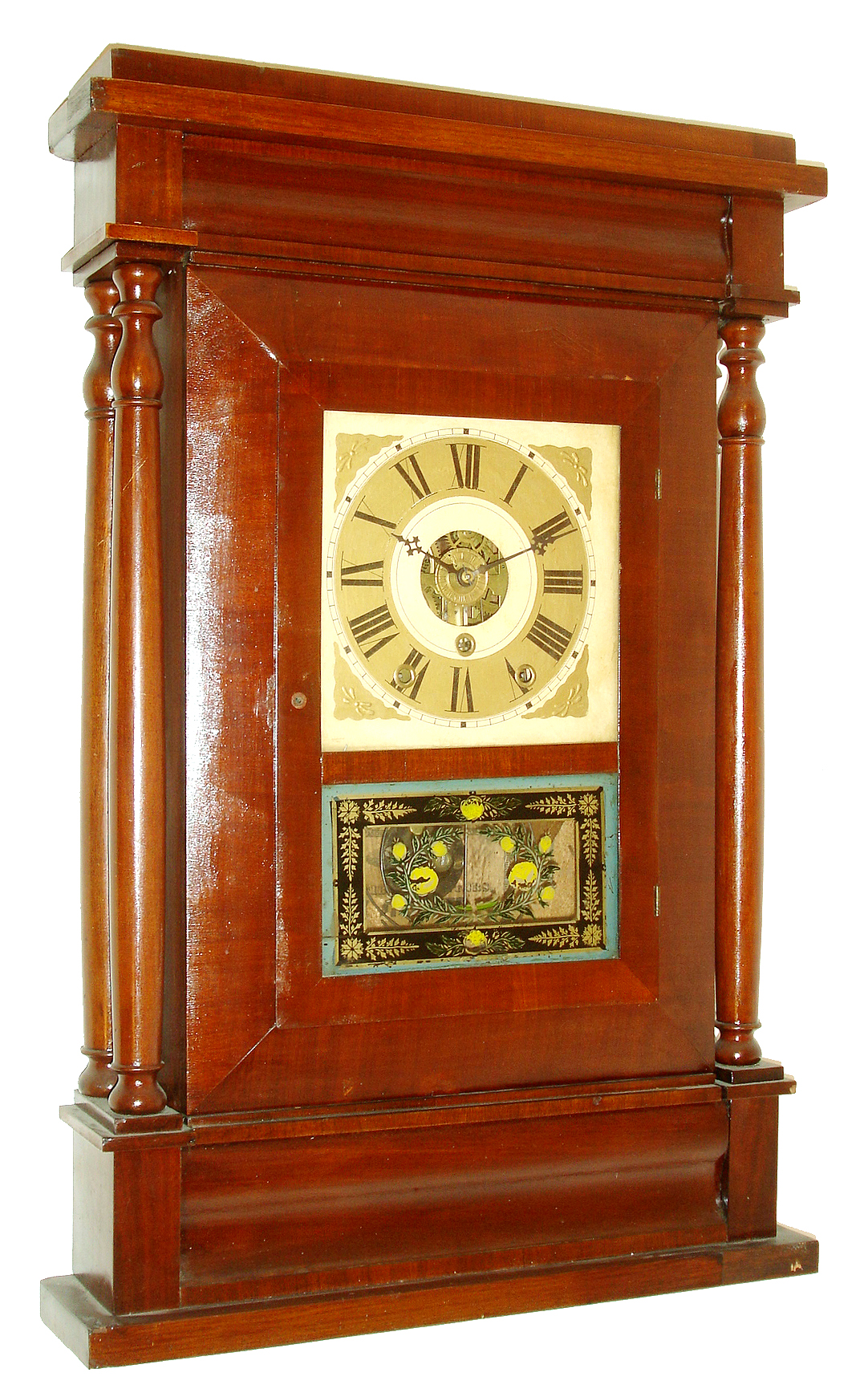 Pettibone and Peters, 73 Bridge Street, Brooklyn, NY, 8 days, weight driven time, strike and weight alarm 4 Column "New York" style shelf clock, c1848. — Antique Clocks Price Guide