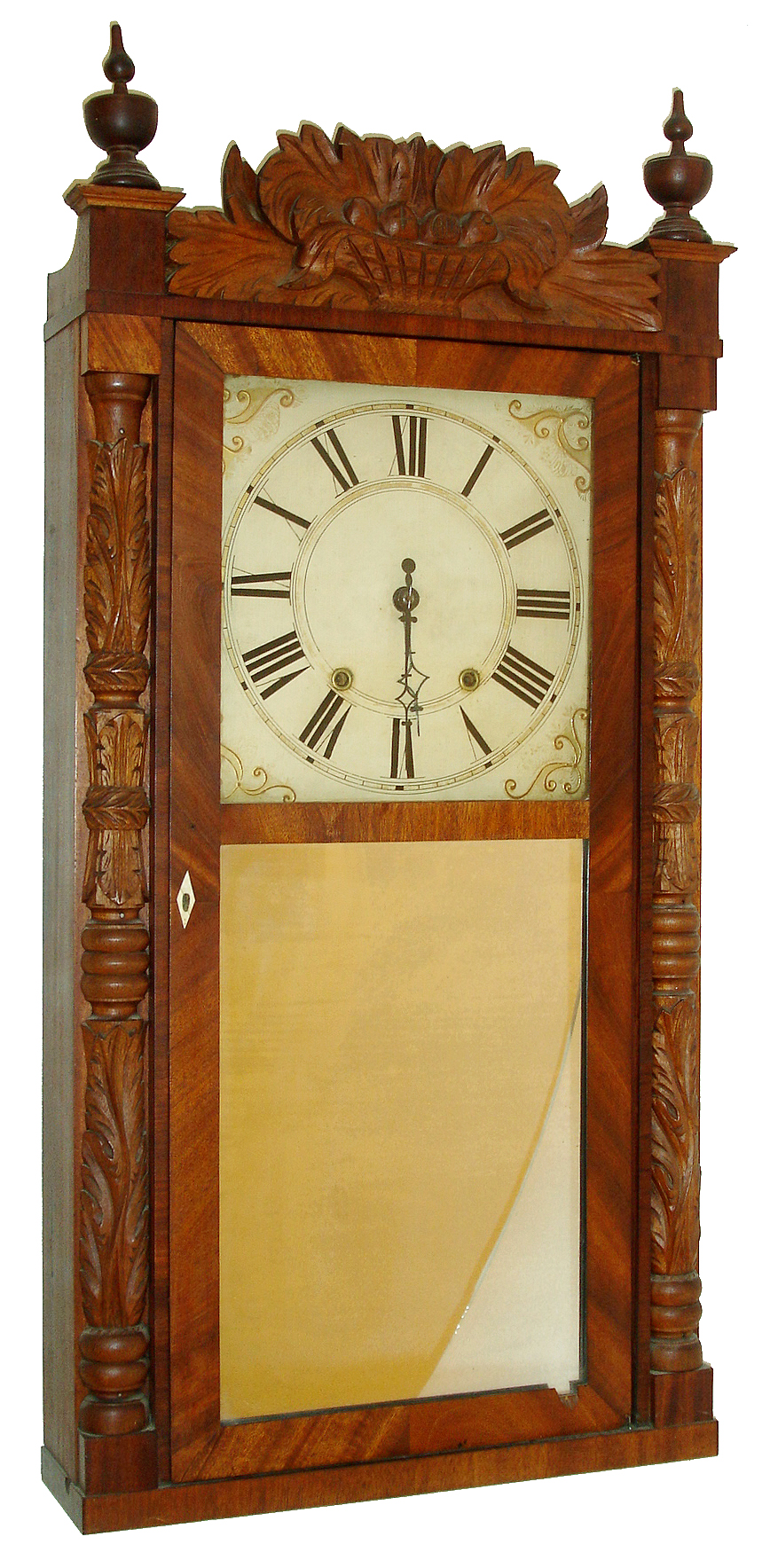 Riley Whiting, Winchester, Conn., 30 hours, time and strike, weight wood movement carved column &amp; splat shelf clock, c1830 — Antique Clocks Price Guide