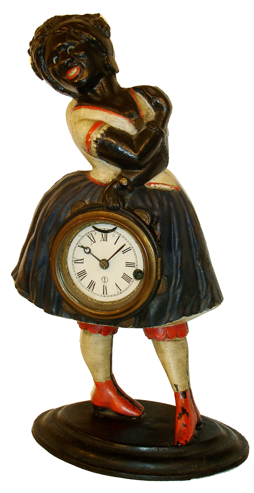 Bradley &amp; Hubbard, "Topsy" blinking eye novelty clock, cast iron figure with blue painted dress, white blouse with red trim, white stockings and red shoes, Roman numeral paper dial, 30 hours, lever movement with linkage to move the eyes, c1860 — Antique Clocks Price Guide