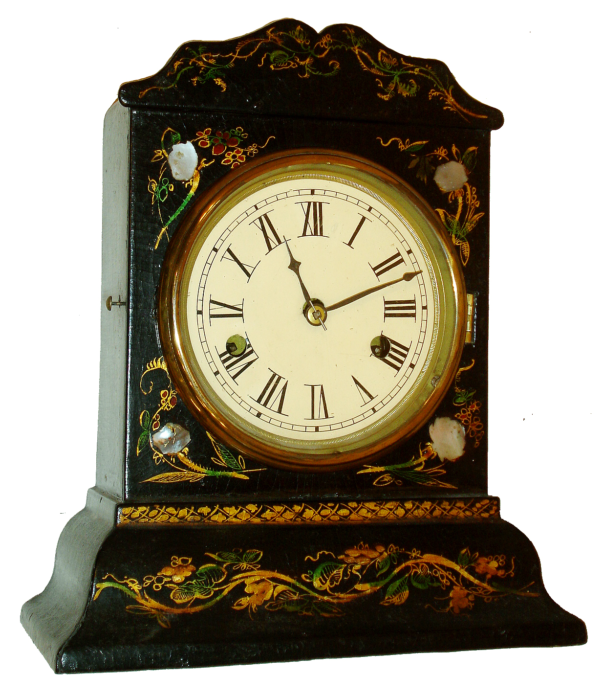 Litchfield Mfg. Co., Litchfield, Conn.30 hours, spring driven time and strike, paper mache and MOP inlay shelf clock, c1850. — Antique Clocks Price Guide