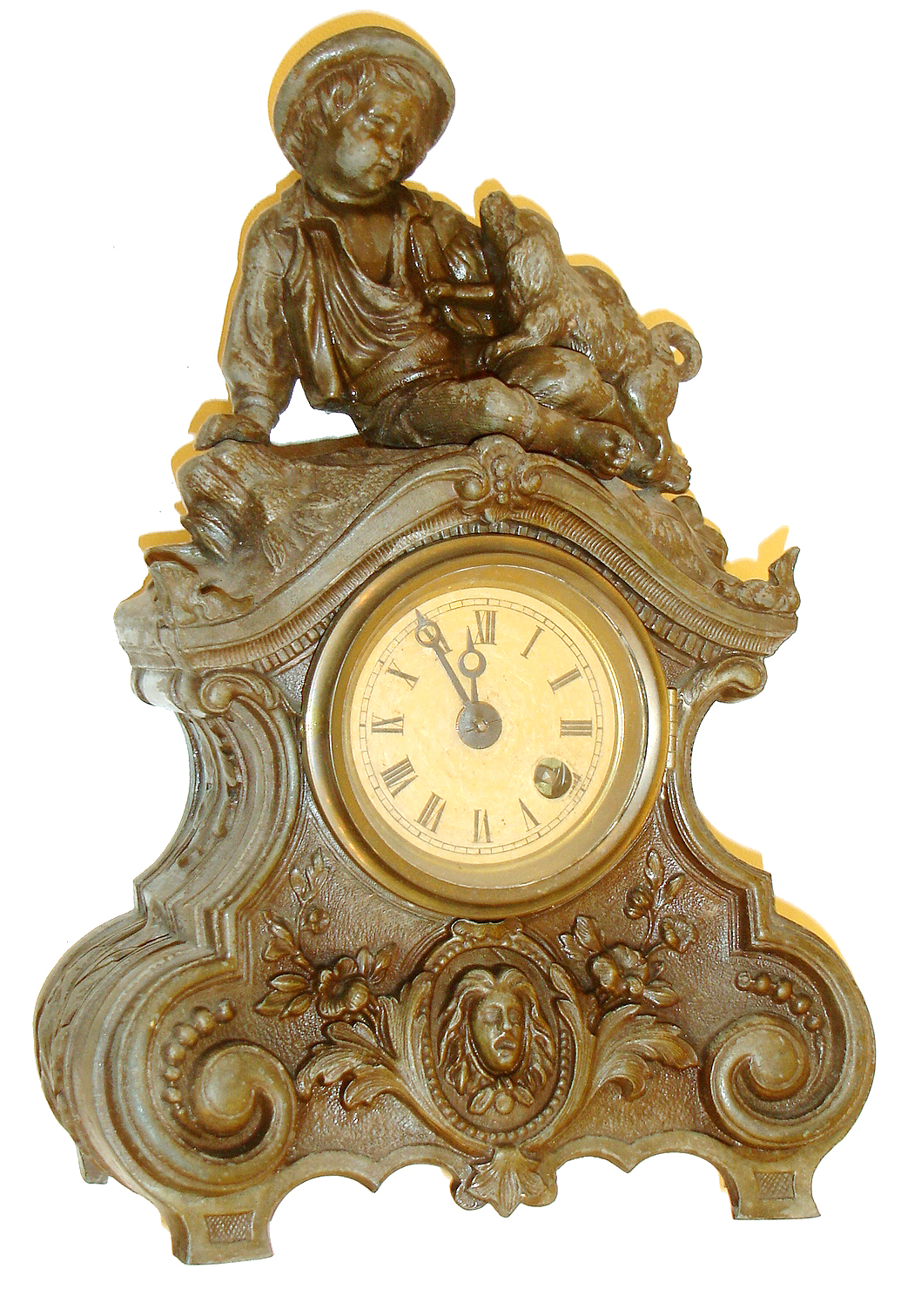 Terry Clock Co., Waterbury, Conn., 30 hours, tic-tac pendulum figural mantel timepiece, c1870.  The cast spelter case is by Muller. The movement in this timepiece is like the ones found in the small round top iron case timepieces. — Antique Clocks Price Guide
