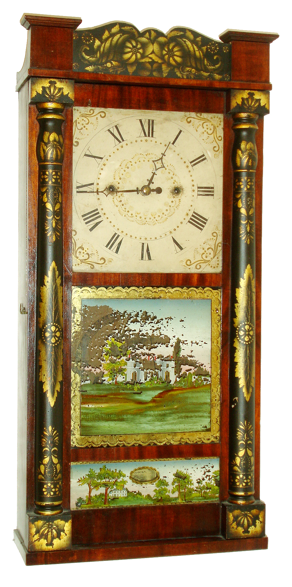 Eli &amp; George W. Bartholomew, Bristol, Conn., 30 hours, time and strike, weight "Groaner" wood movement half column &amp; splat shelf clock, c1830 — Antique Clocks Price Guide