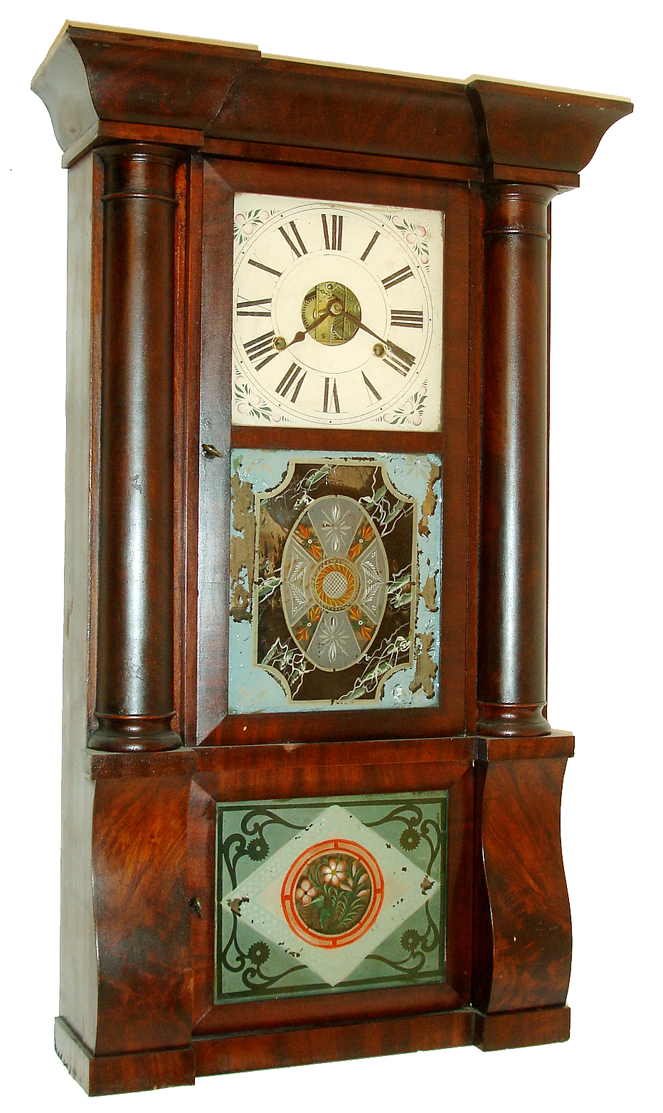 Birge, Peck &amp; Co., Bristol,. Conn., Cornice and Column clock with 8 days, weight driven time and strike, brass strap movement, c1849. — Antique Clocks Price Guide