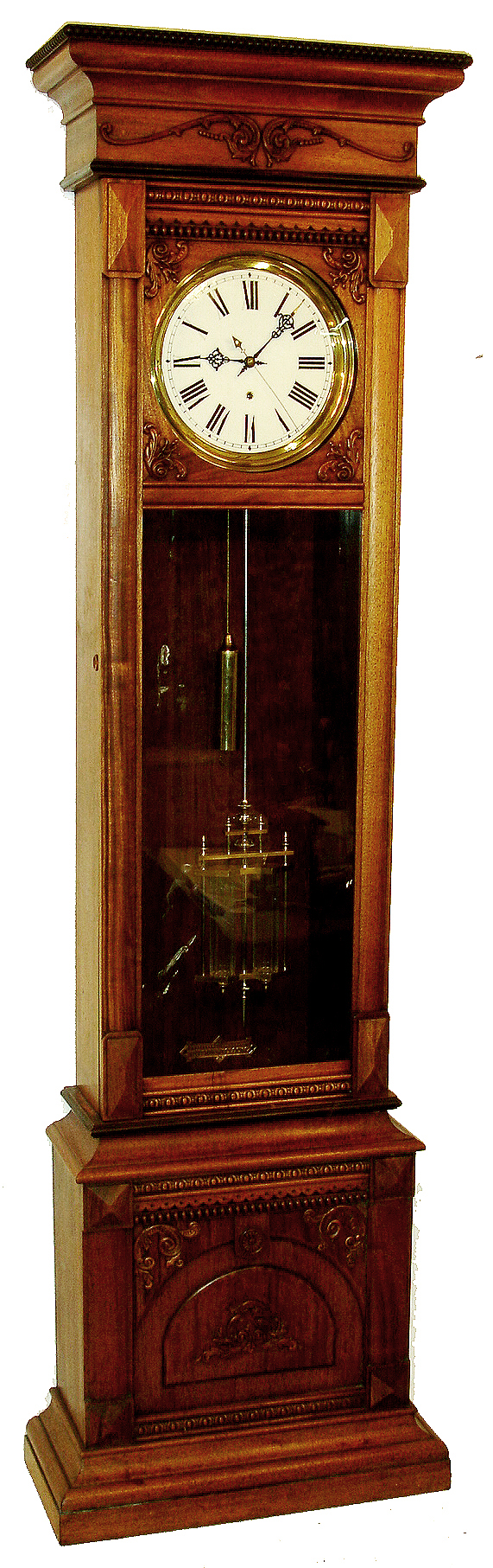 Waterbury Clock Co., Waterbury, Conn., "Regulator No. 71" tall clock, 8 days, time only, brass weight driven Swiss movement with pinwheel escapement and sweep seconds in a mahogany case with pressed moldings and white enamel dial, c1912 — Antique Clocks Price Guide