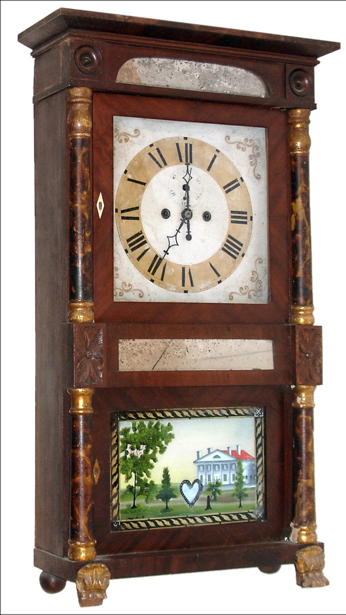 Mitchell &amp; Atkins, Bristol, Conn., 8 days, time and strike, weight brass Salem Bridge movement double decker shelf clock, c1835 — Antique Clocks Price Guide