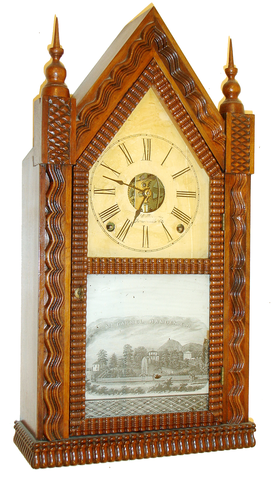 Forestville Mfg. Co.,(J.C. Brown), Bristol, Conn., 8 days, time and strike, ripple molding sharp gothic or steeple clock, c1845 — Antique Clocks Price Guide