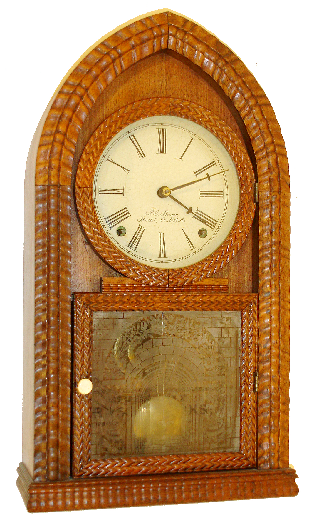 Forestville Mfg. Co., (J.C. Brown), Bristol, Conn., 8 days, time and strike, ripple molding round gothic or beehive shelf clock, c1845 — Antique Clocks Price Guide