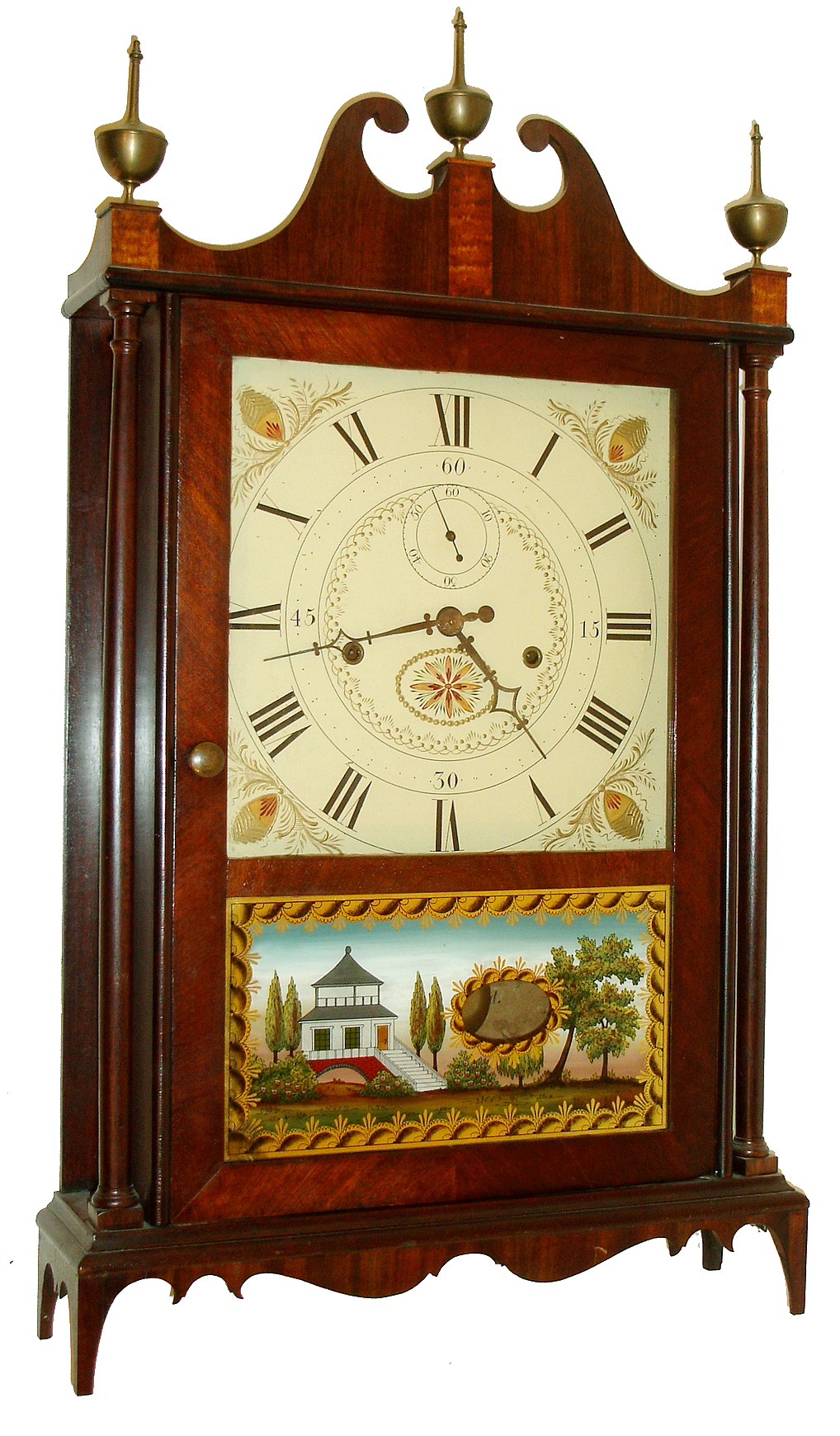 Seth Thomas, Plymouth, Conn., 30 hours, time and strike, weight strap wood movement off-center pillar &amp; scroll shelf clock, c1820 — Antique Clocks Price Guide