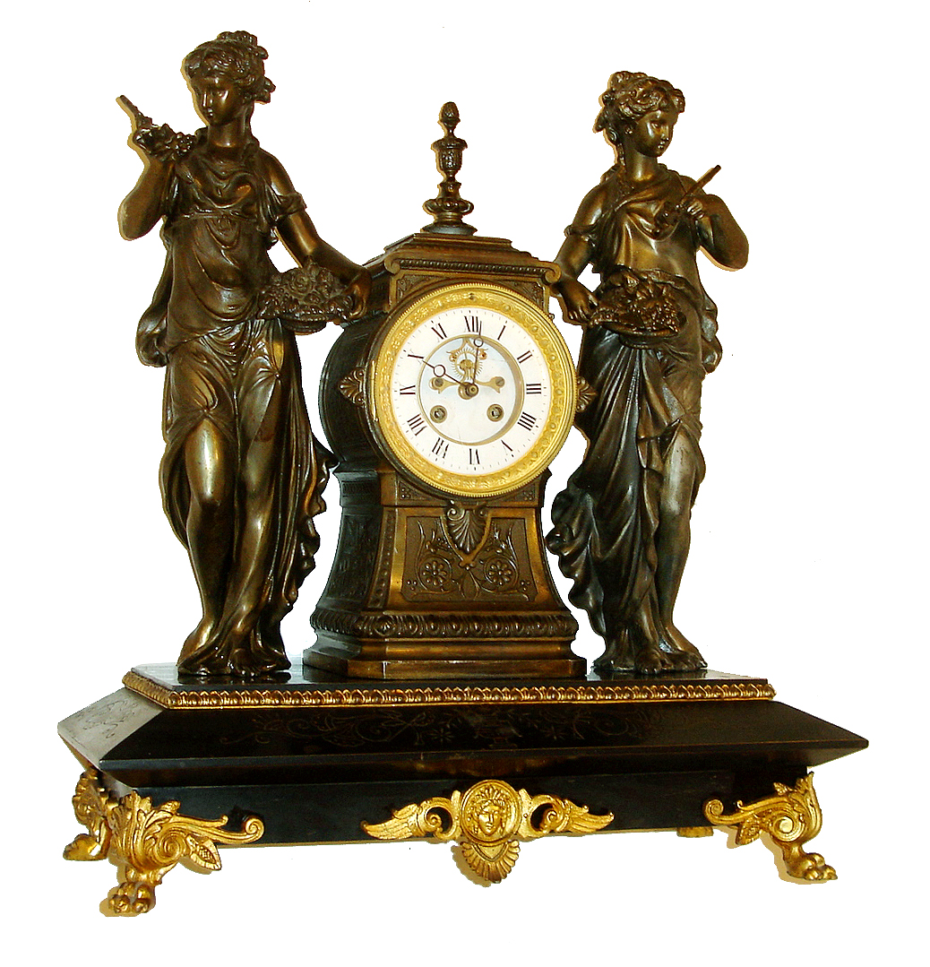Mantel clock, black enameled iron case now with French movement, case with incised line decoration, gilt spelter mounts, patinated spelter female figures and case, gilt bezel, Roman numeral white enamel dial, blued steel Breguet style hands, 8 days, time and strike, movement, c1880 — Antique Clocks Price Guide