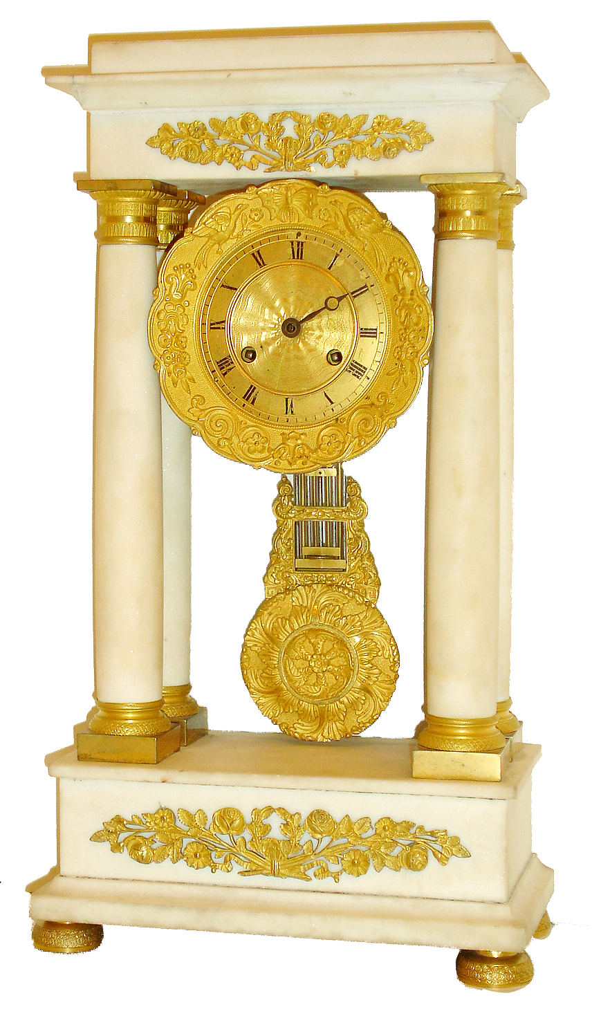 French portico clock, white marble case with gilt mounts, bezel with floral ornament, birds and a butterfly, Roman numeral engine turned gilt dial, blued steel Breguet style hands, acanthus decorated gridiron style pendulum, 8 days, time and strike, Pendule a Paris movement contained in a brass cylinder, c1840 — Antique Clocks Price Guide