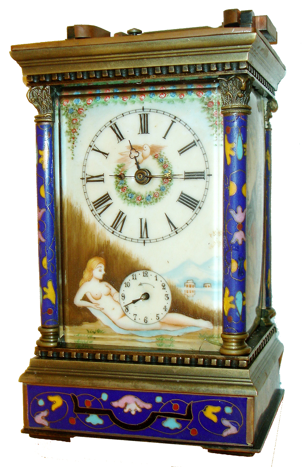 Repeating Carriage Clock, Chinese modern reproduction, with colorful enameled panels, 8 days, time and strike, late 20th century — Antique Clocks Price Guide