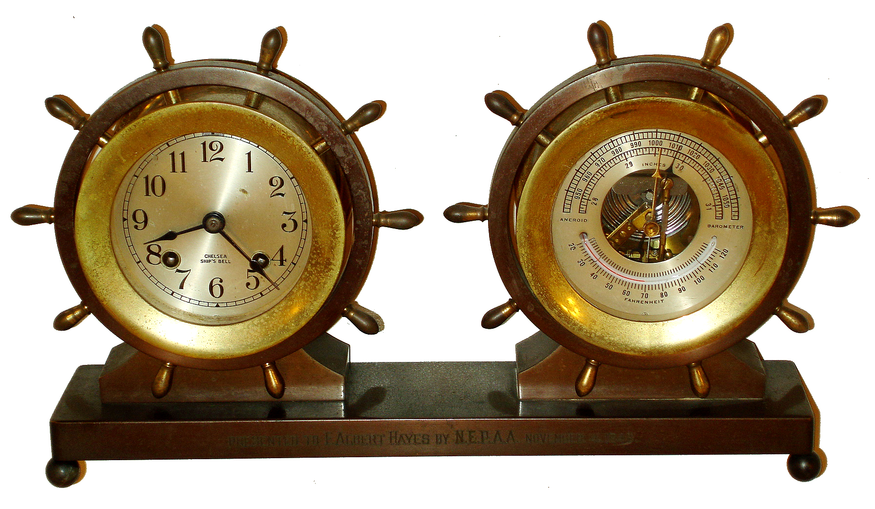 Chelsea Clock Co., Boston, "Claremont" 3.75" dial ship's bells 8 days, clock and matching barometer bronze and brass desk set, serial number 512624, 1946 presentation — Antique Clocks Price Guide