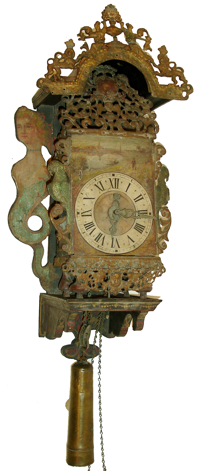 Frisian stoelklok, polychrome painted shelf with mermaids, lead ornaments with gilding and silver foil, and coated with tinted wash, Roman numeral painted dial with landscape scene, cast hands, brass four pillar time and strike, movement with alarm, 19th century — Antique Clocks Price Guide