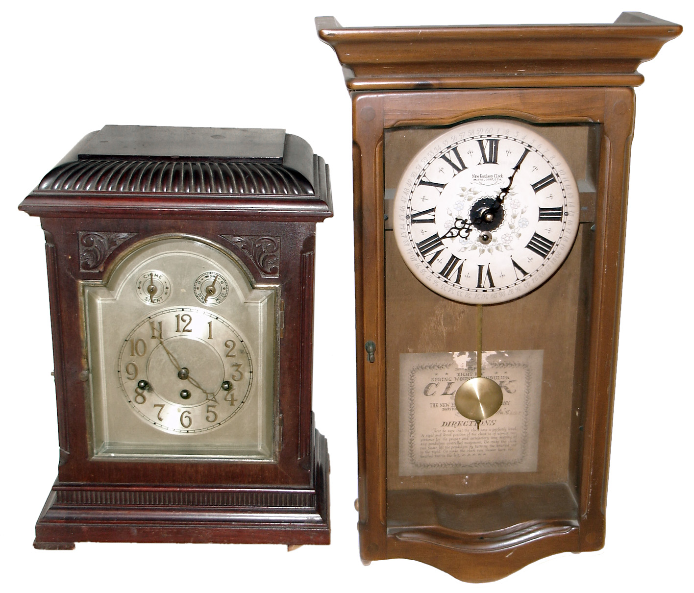Clocks- 4 (Four) wood case 8 day: Ingraham oak time only school; Welch "Axtell" rosewood time only school; Junghans mahogany Westminster chime bracket; and New England Clock Co. modern reproduction stained wood time only wall clock — Antique Clocks Price Guide
