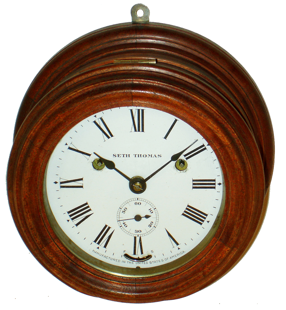 Seth Thomas Clock Co., Thomaston, Conn., "Wardroom" ship's bell clock 30 hours, time and strike, spring driven hanging clock in mahogany case, c1904 — Antique Clocks Price Guide