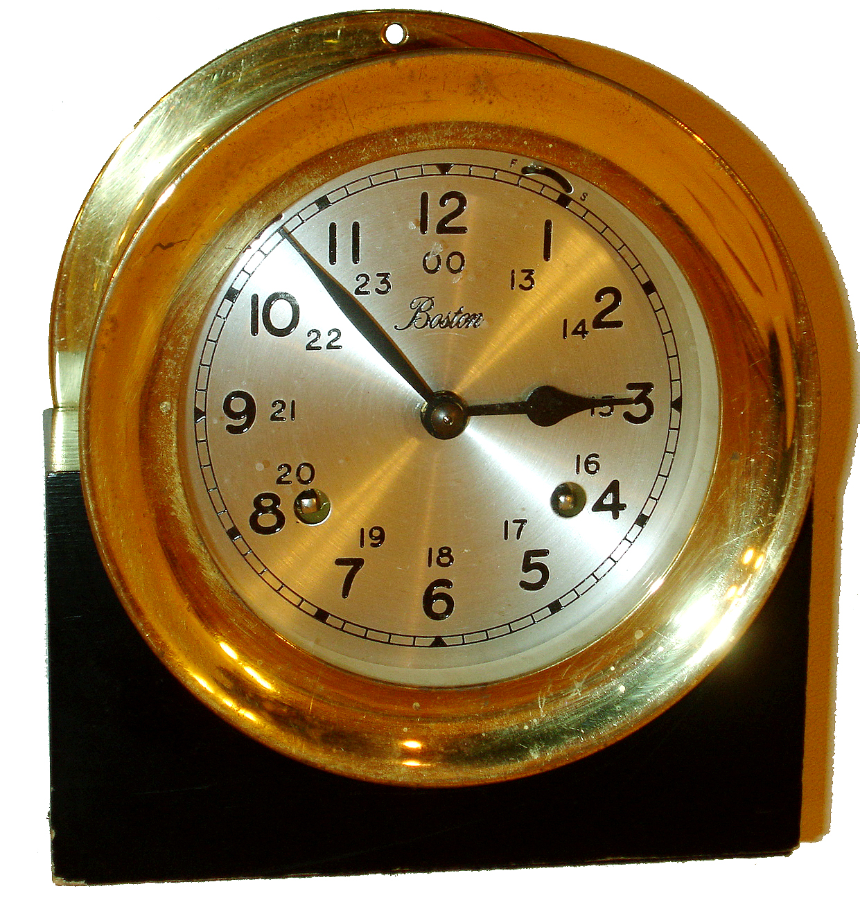 Boston, by Chelsea Clock Co., 4" 8 days, ship's strike brass case marine clock on home-made wood cradle, German 132-071 movement made in 1984 — Antique Clocks Price Guide