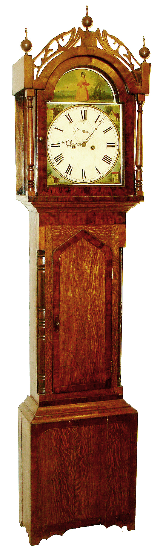 English tall clock, 8 days, time and strike, weight driven movement in an oak veneer case with painted iron dial, c1840 — Antique Clocks Price Guide