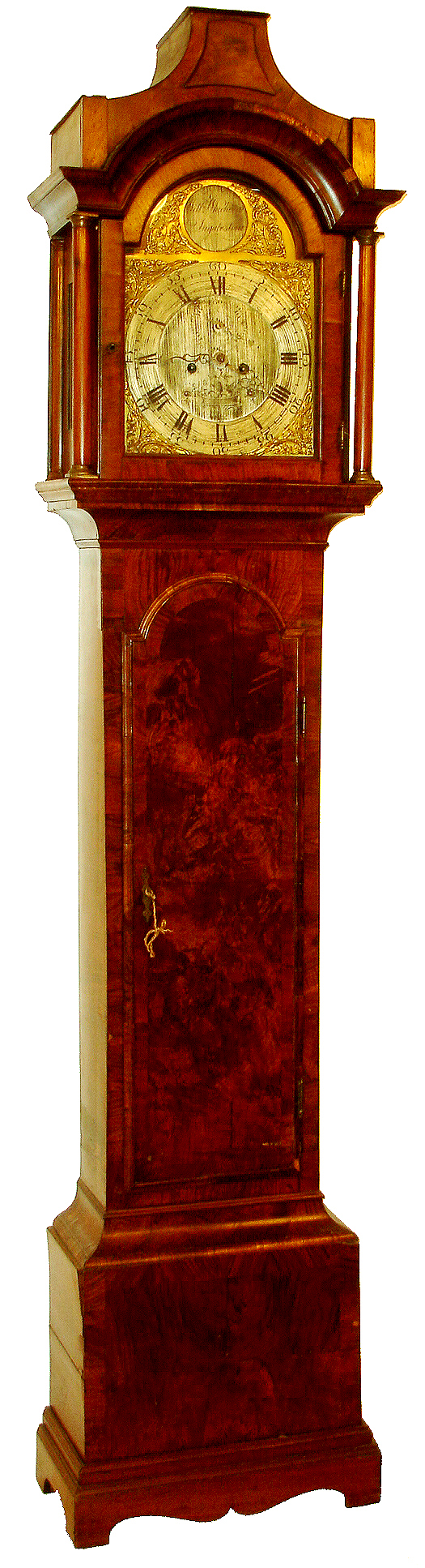 William Whichcord, Ingatestone, England, tall clock, 8 days, time and strike, weight driven movement in a burled veneer case with brass dial and silvered chapter ring, c1790 — Antique Clocks Price Guide