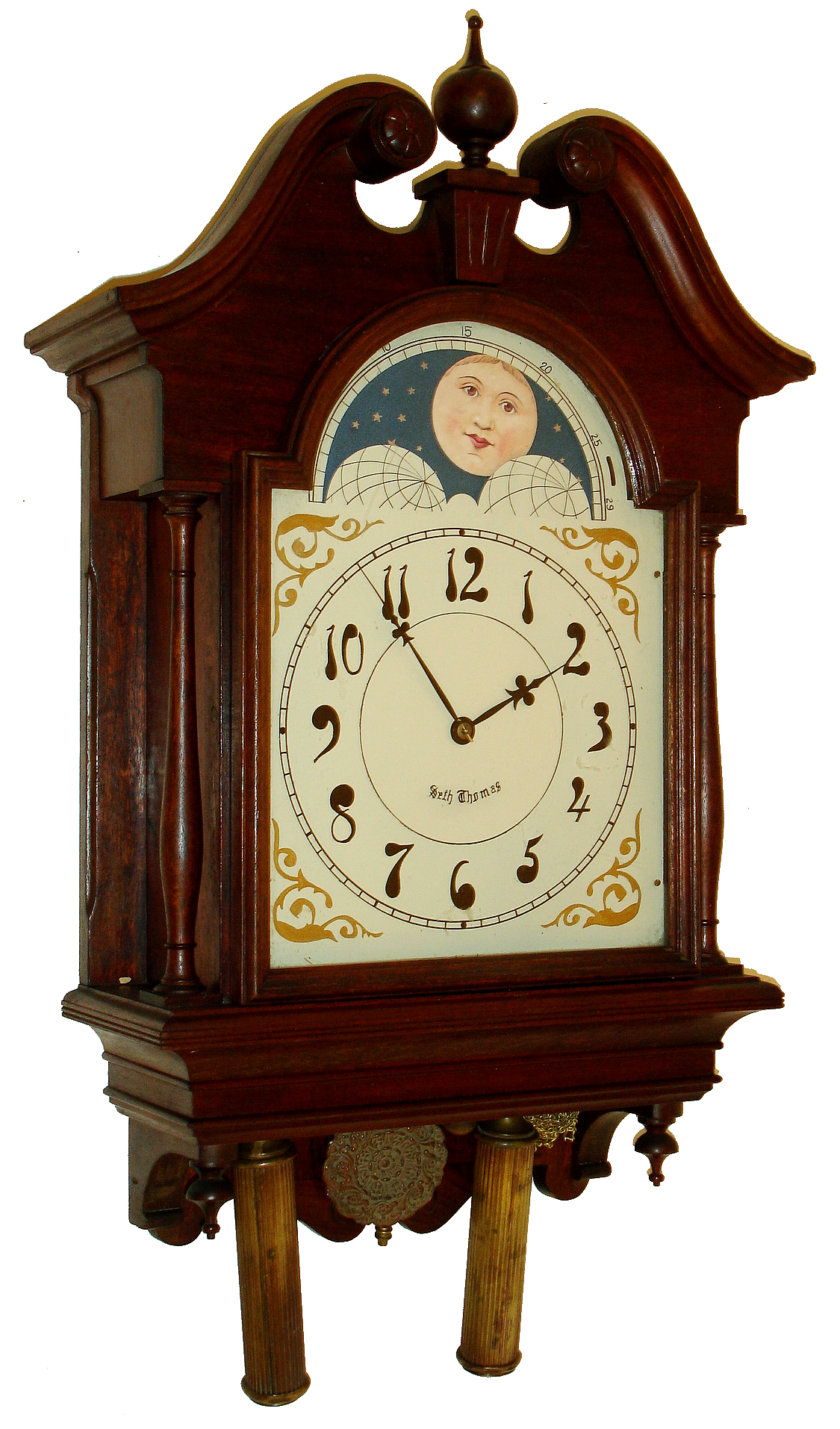 Seth Thomas Clock Co., Thomaston, Conn., "Lunar" 8 days, time and strike, weight driven mahogany wall clock, c1884 — Antique Clocks Price Guide