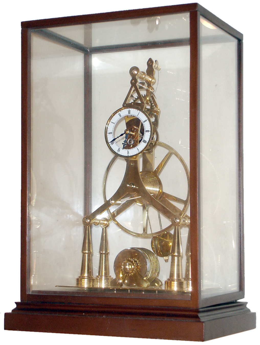 Skeleton Clock, modern Asian lacquered brass reproduction, in glass and wood case, late 20th century — Antique Clocks Price Guide