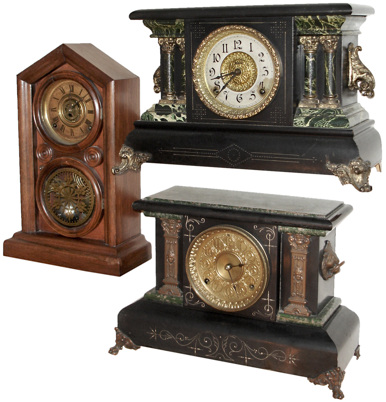 Clocks- 5 (Five) Connecticut wood case 8 days, mantel and wall clocks: four time and strike, one time only banjo, late 19th &amp; early 20th centuries — Antique Clocks Price Guide