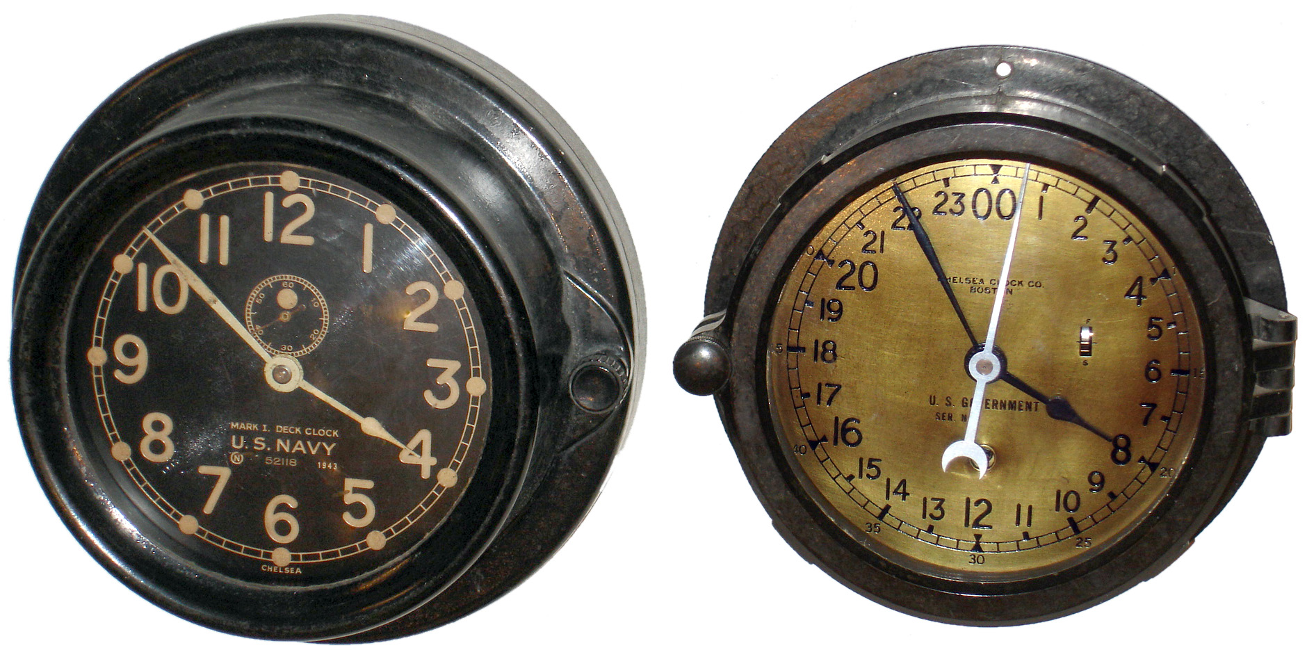 Clocks- 2 (Two) Chelsea Clock Co., Boston, black phenolic case 8 days, marine timepieces: 6" brass U.S. Government dial, #727350 dated 1968; black 5.5" dial U.S. Navy #433607 dated 1943 on dial — Antique Clocks Price Guide