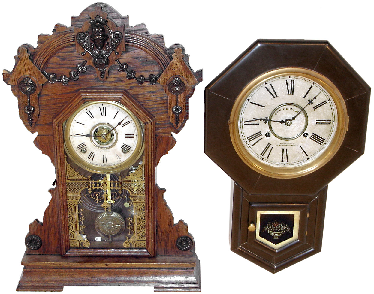 Clocks- 2 (Two) American, c1900: a Seth Thomas metal series "Metals No. 5" time, strike and alarm, oak mantel clock and a Waterbury "8 Inch Drop" time and strike, ebonized schoolhouse wall clock — Antique Clocks Price Guide