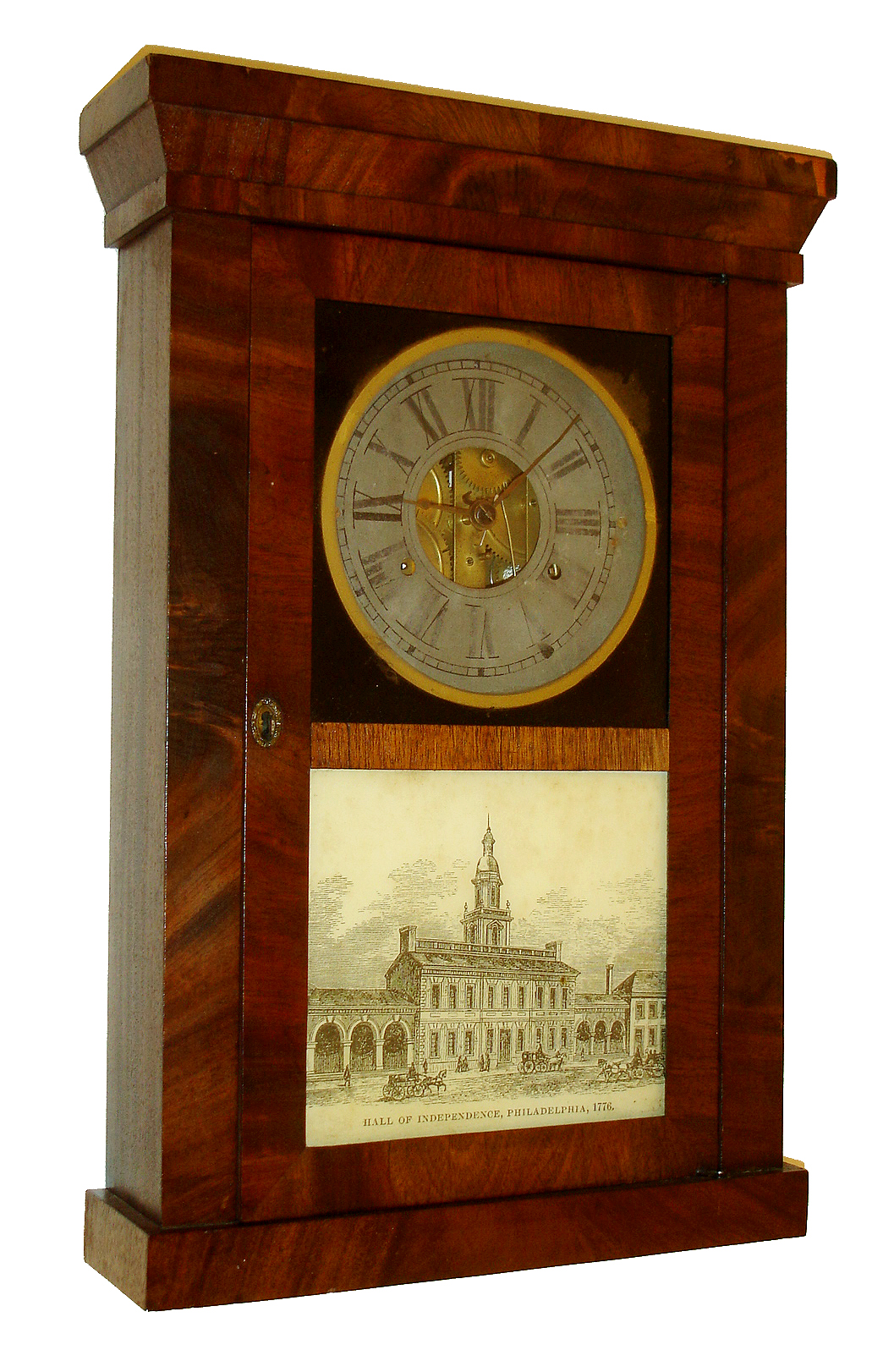 C. &amp; N. Jerome Bristol, Conn., shelf clock, 30 hours, time and strike, weight driven movement with solid brass wheels in a mahogany veneer case with painted metal dial and silk screened lower tablet, c1838 — Antique Clocks Price Guide