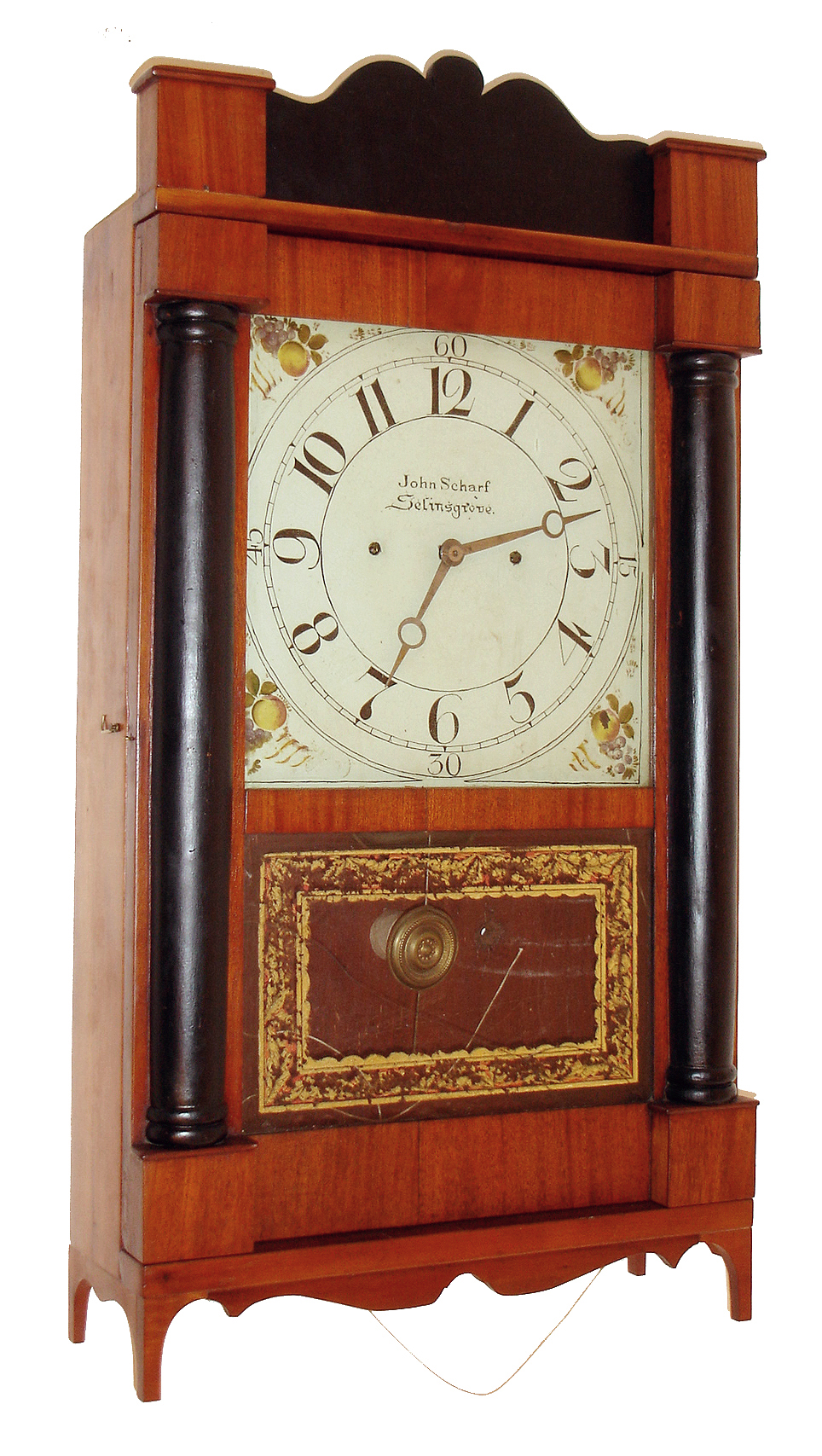 John Sharf, Ceilins Grove, Snyder County, Penna., early mantel clock, 30 hours, time and strike, weight driven brass movement in a mahogany veneer case with shaped splat and cut out pillar and scroll style feet, painted iron dial and reverse painted lower tablet, c1830 — Antique Clocks Price Guide