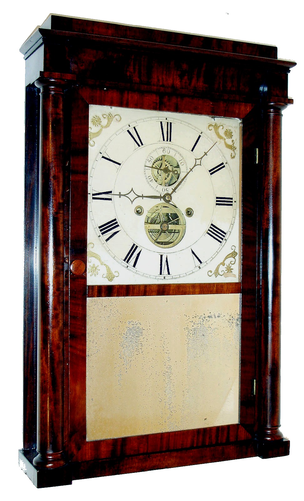 S.B. Terry, Plymouth, Conn., balance wheel mantel clock, short drop, 30 hours, time and strike, weight driven movement with exposed oversize balance wheel (above 6) and exposed escape wheel (below 12) in a mahogany veneer Empire case with painted wooden dial and period mirror tablet, c1845 — Antique Clocks Price Guide
