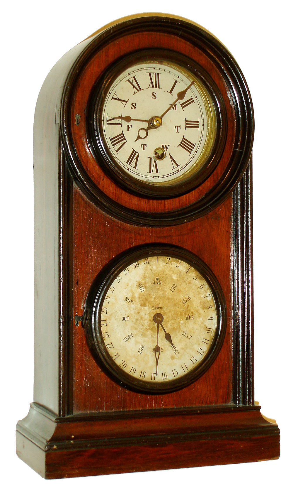 Welch, Spring &amp; Co., Forestville, Conn., "No. 1 Mantel" calendar clock, 8 days, time and perpetual calendar, spring driven movement in a rosewood veneer case with painted time dial and papered calendar dial, c1870 — Antique Clocks Price Guide