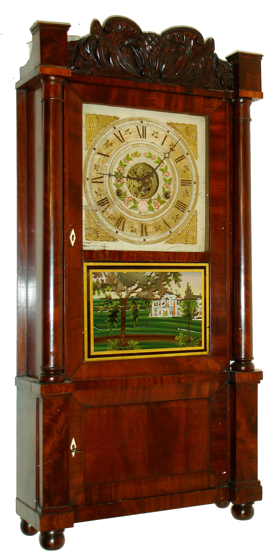 Silas Terry, Plymouth, Conn., Empire shelf clock, 8 days, time and strike, weight driven movement in a mahogany case with carved splat and full turned columns, painted wooden dial and reverse painted tablet, with movement by another Conn firm, c1845 — Antique Clocks Price Guide