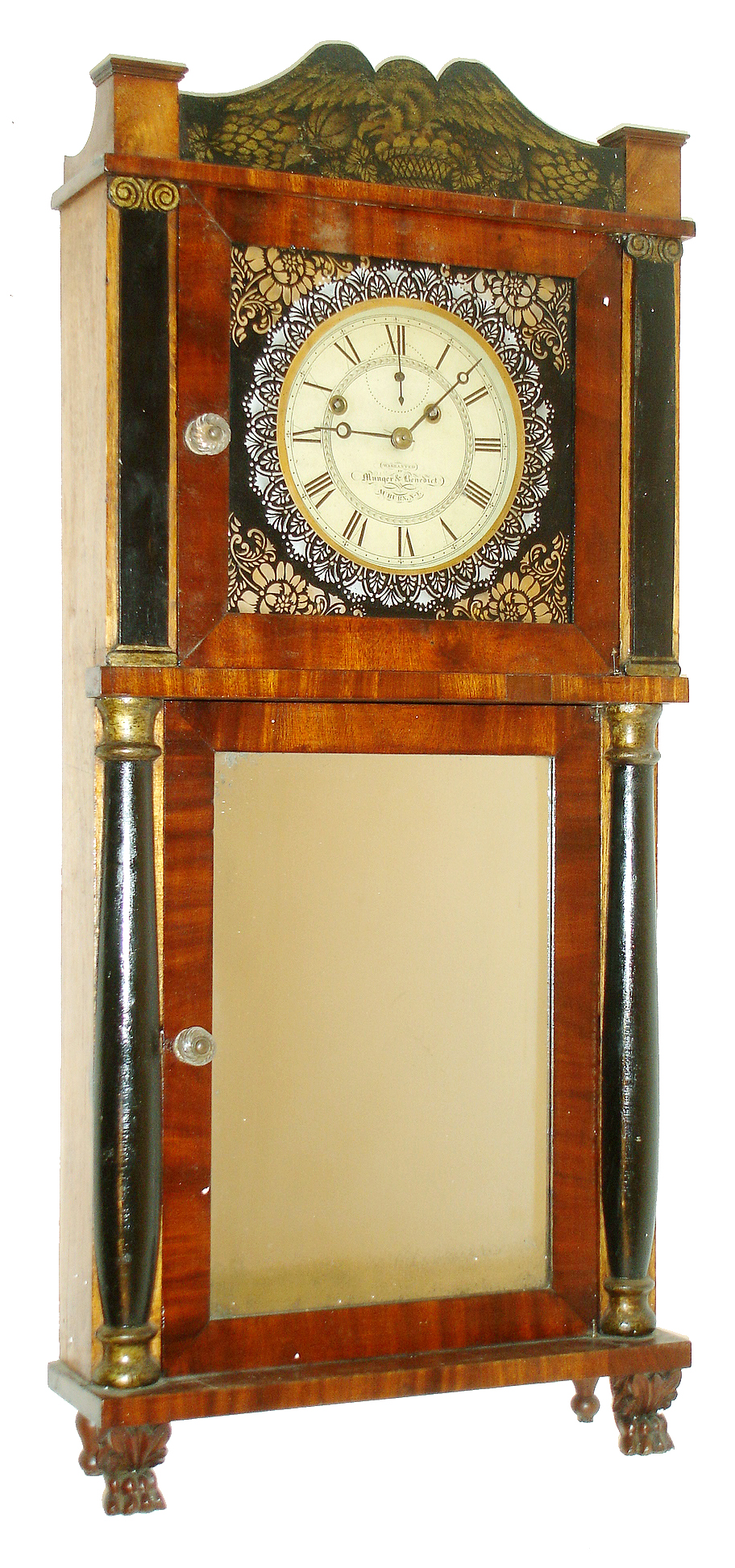 Munger &amp; Benedict, Auburn, N.Y., Empire shelf clock, 8 days, time and strike, weight driven movement in a mahogany veneer case with stenciled splat and painted half columns, painted metal dial and mirror tablet, c1832 — Antique Clocks Price Guide