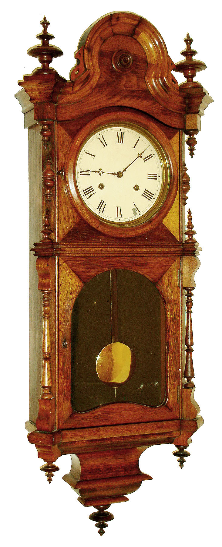 Welch, Spring &amp; Co., Forestville, Conn., "Regulator No. 4" wall clock, 30 days, time only, double spring driven, nickel plated movement with club foot escape wheel in a black walnut case with turned columns and finials, black flocking on backboard and painted metal dial, c1874 — Antique Clocks Price Guide