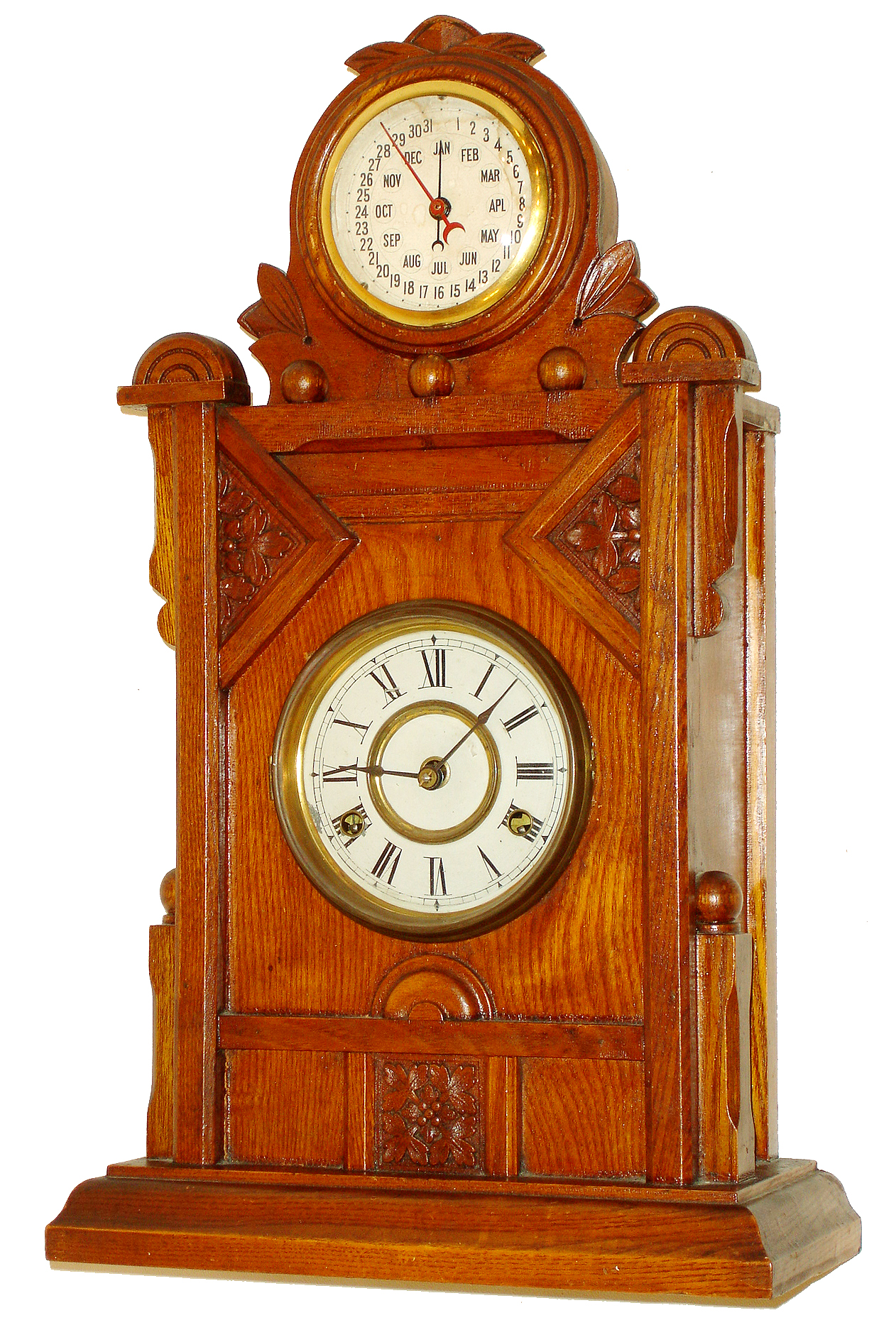 New Haven Clock Co., New Haven, Conn., "No. 6 Cabinet" mantel clock, 8 days, time, strike and perpetual calendar, spring driven movement in an ash case with painted time dial and papered calendar dial, c1875 — Antique Clocks Price Guide
