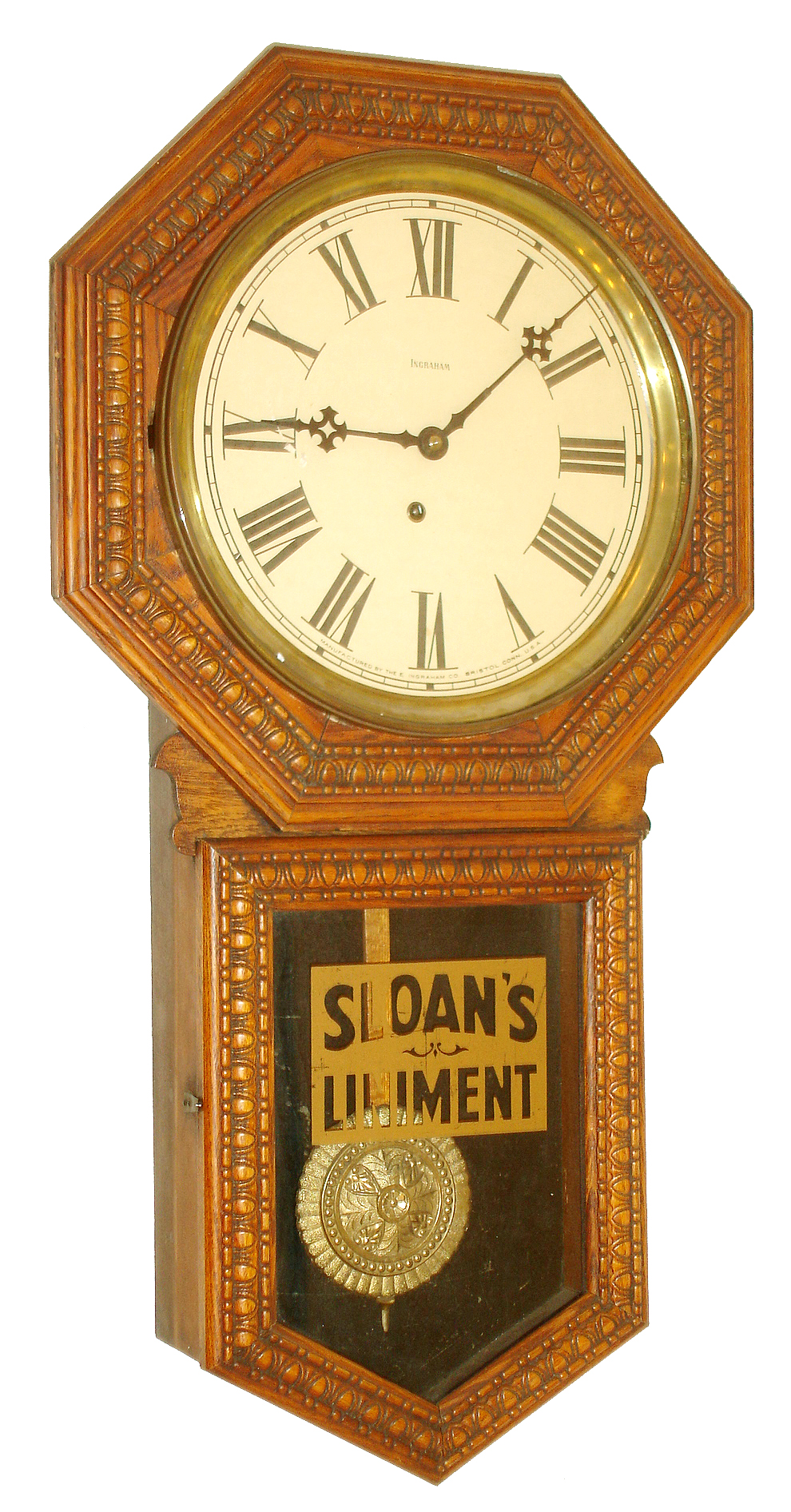 E. Ingraham Co., Bristol, Conn., "Hartford" advertising wall clock, 8 days, time only, spring driven movement in a pressed oak case with papered metal dial and advertising "SLOAN'S LINIMENT" on lower glass, c1910 — Antique Clocks Price Guide