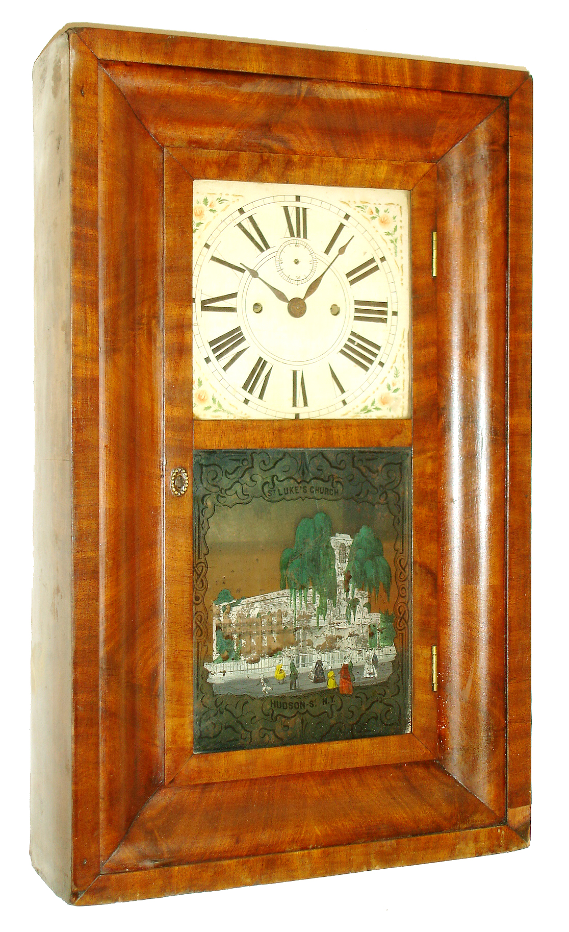 Richard Ward, Salem Bridge, Conn., for Wightman &amp; Sperry, New York, "Salem Bridge" OG mantel clock, 8 days, time and strike, compound weight driven movement in a mahogany veneer case with painted wooden dial, c1838 — Antique Clocks Price Guide