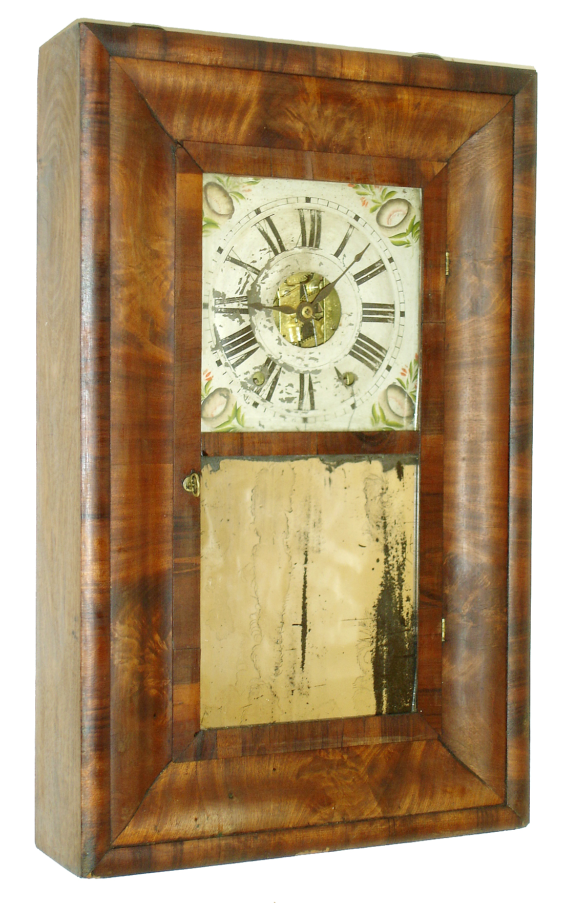 Wells Forbes, Bristol, N.H., OG mantel clock, 8 days, time and strike, spring driven movement with a Kirk's Patent iron back plate made by E.C. Brewster in a mahogany veneer case with painted metal dial and mirror lower tablet, c1842 — Antique Clocks Price Guide
