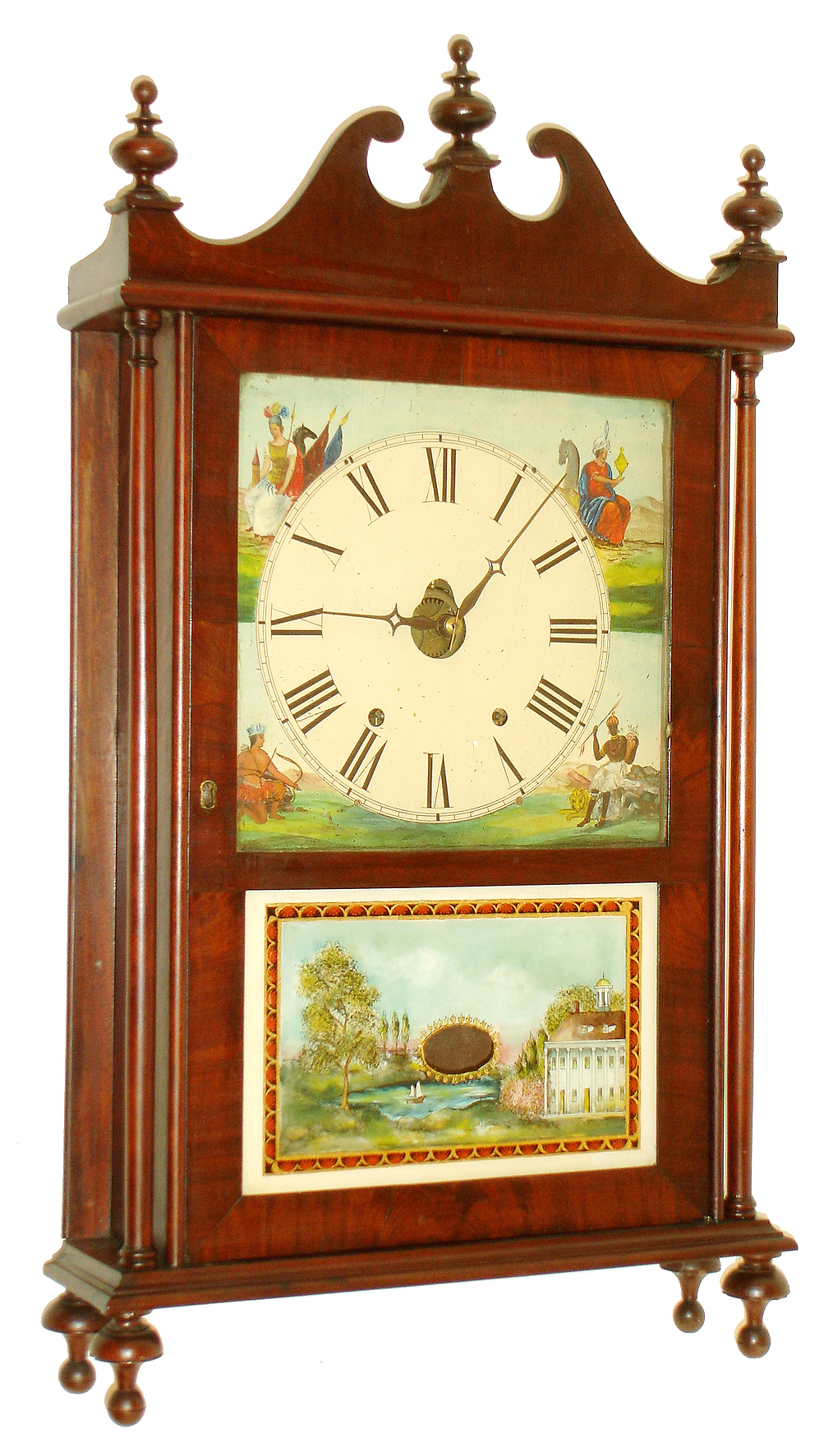 Allentown, Lehigh County, Penn., pillar and scroll mantel clock, 30 hours, time and strike, weight driven wooden plate movement with brass wheels in a mahogany veneer case with painted metal dial and reverse painted tablet, c1830 — Antique Clocks Price Guide
