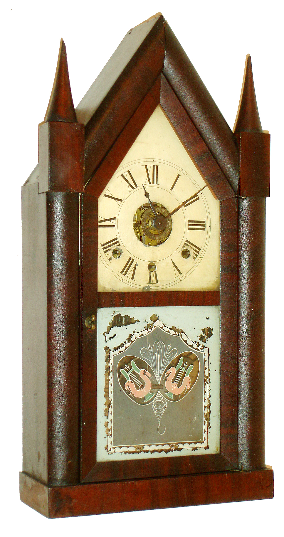 Chauncey Boardman, Bristol, Conn., steeple or "Sharp Gothic" mantel clock, 30 hours, time, strike and alarm, triple fusee, spring driven movement in a mahogany veneer case with painted metal dial and Fenn stenciled tablet, c1850 — Antique Clocks Price Guide