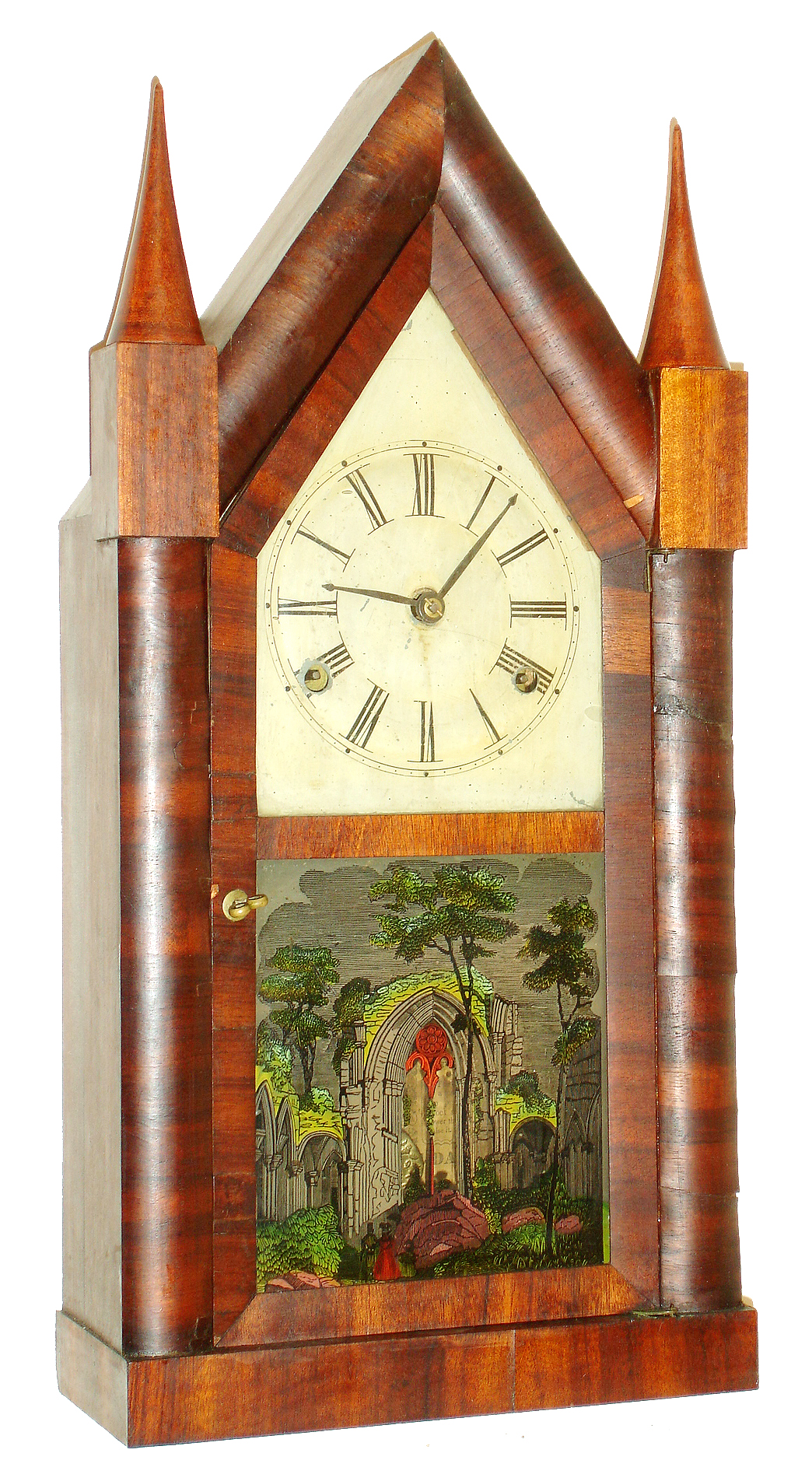 M.W. Atkins, Bristol, Conn., steeple or "Sharp Gothic" mantel clock, 30 hours, time and strike, spring driven fusee movement in a rosewood veneer case with painted metal dial and silk screened tablet, c1848 — Antique Clocks Price Guide