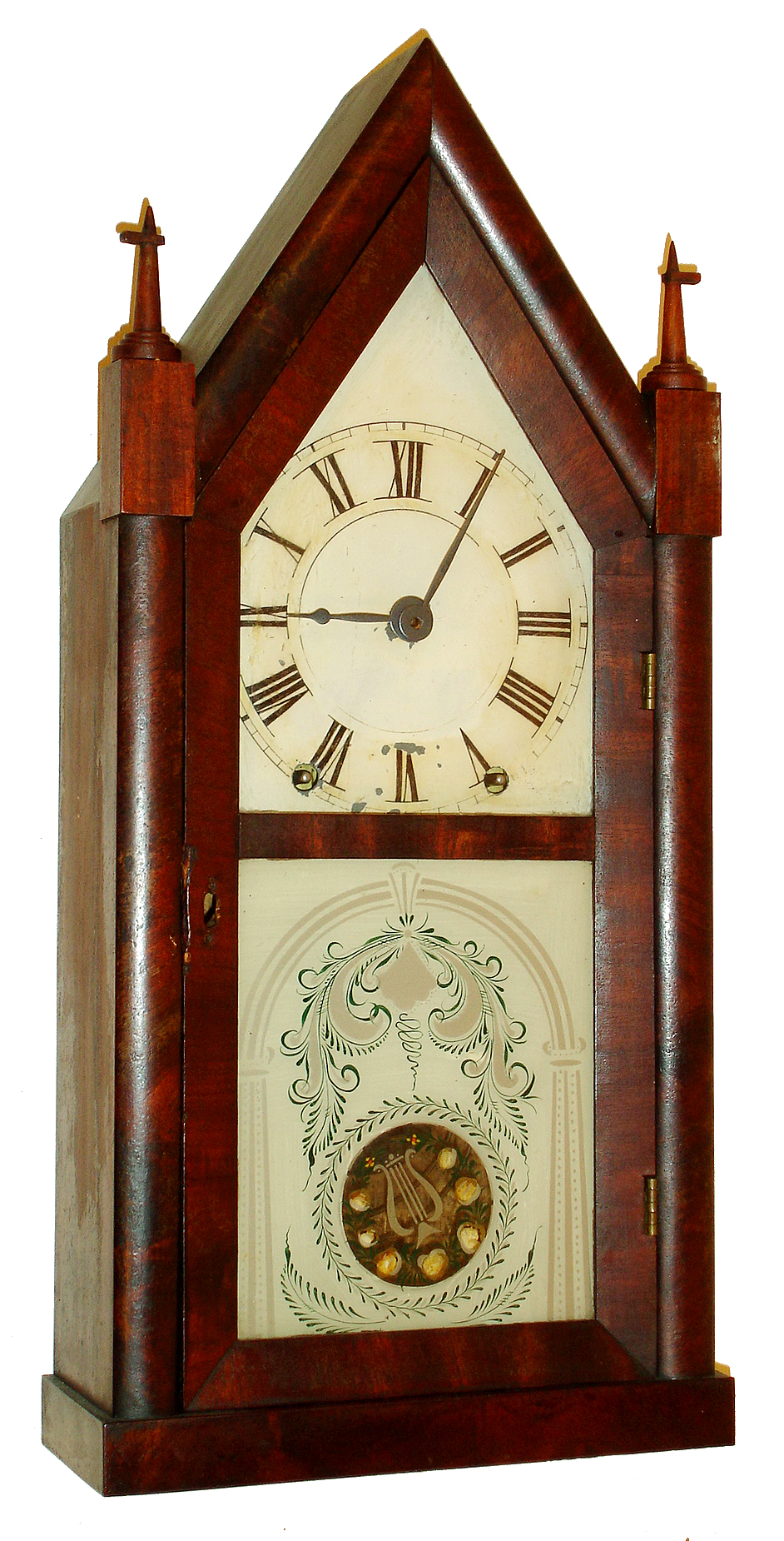 Brewster &amp; Ingrahams, Bristol, Conn., for Daniel Pratt Jr., Boston, steeple or "Sharp Gothic" mantel clock, 30 hours plus, time and strike, brass spring driven movement in a mahogany veneer case with painted metal dial, Fenn stenciled tablet and Daniel Pratt Jr. overpaste on label, c1848 — Antique Clocks Price Guide