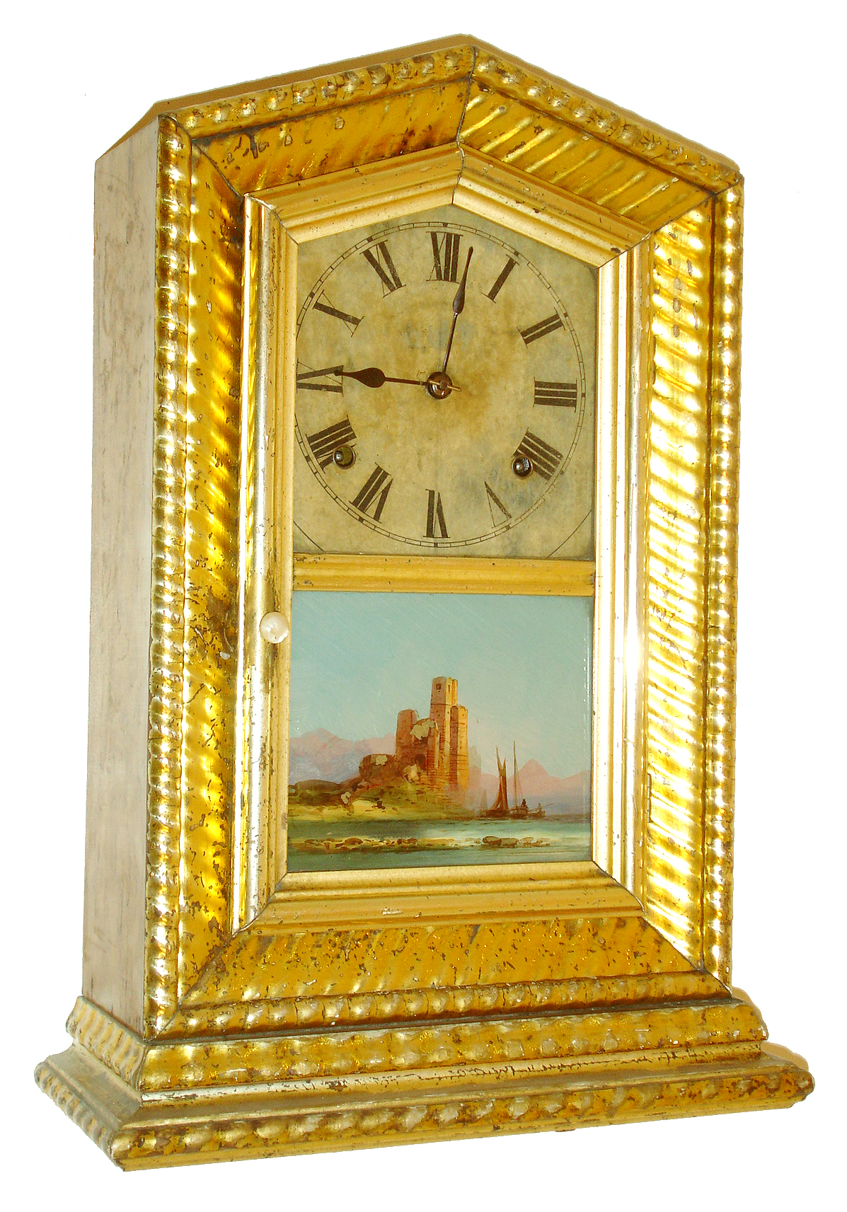 Anglo-American, Holloway &amp; Co, London, 8 days, time and strike, gilt ripple molding shelf clock c1860. Case houses an unsigned American movement possibly made by Ansonia. — Antique Clocks Price Guide