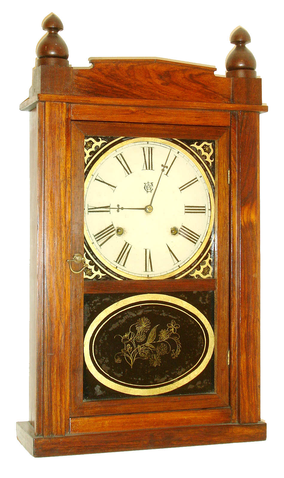 Waterbury Clock Co., Waterbury, Conn.8 days, time and strike, pilaster and splat shelf clock with Jerome patent case, c1858. — Antique Clocks Price Guide