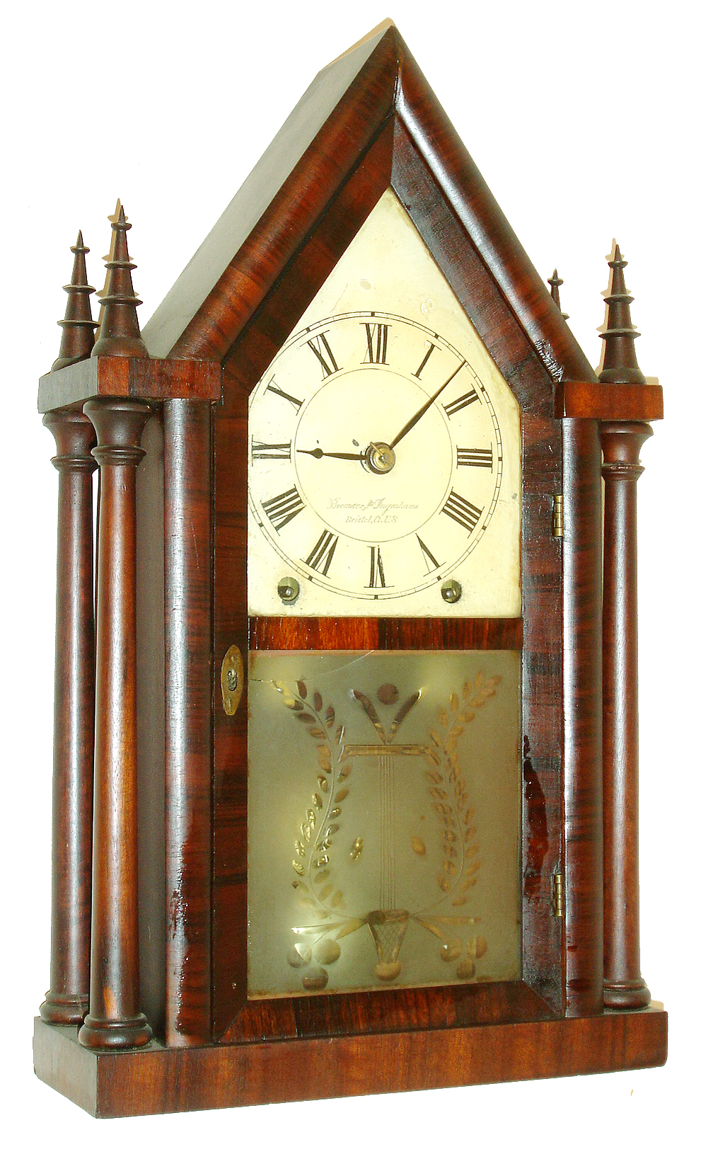 Brewster &amp;Ingrahams, Bristol, Conn., 8 days, time and strike, four column sharp gothic or steeple clock, c1850 — Antique Clocks Price Guide