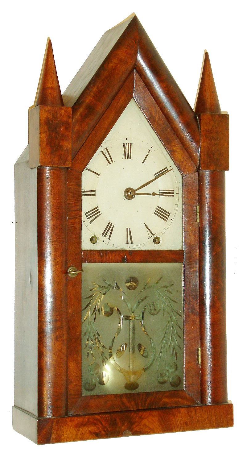 Brewster &amp; Ingrahams, Bristol, Conn., 8 days, time and strike, iron back plate Kirk's patent sharp gothic or steeple clock, c1850 — Antique Clocks Price Guide