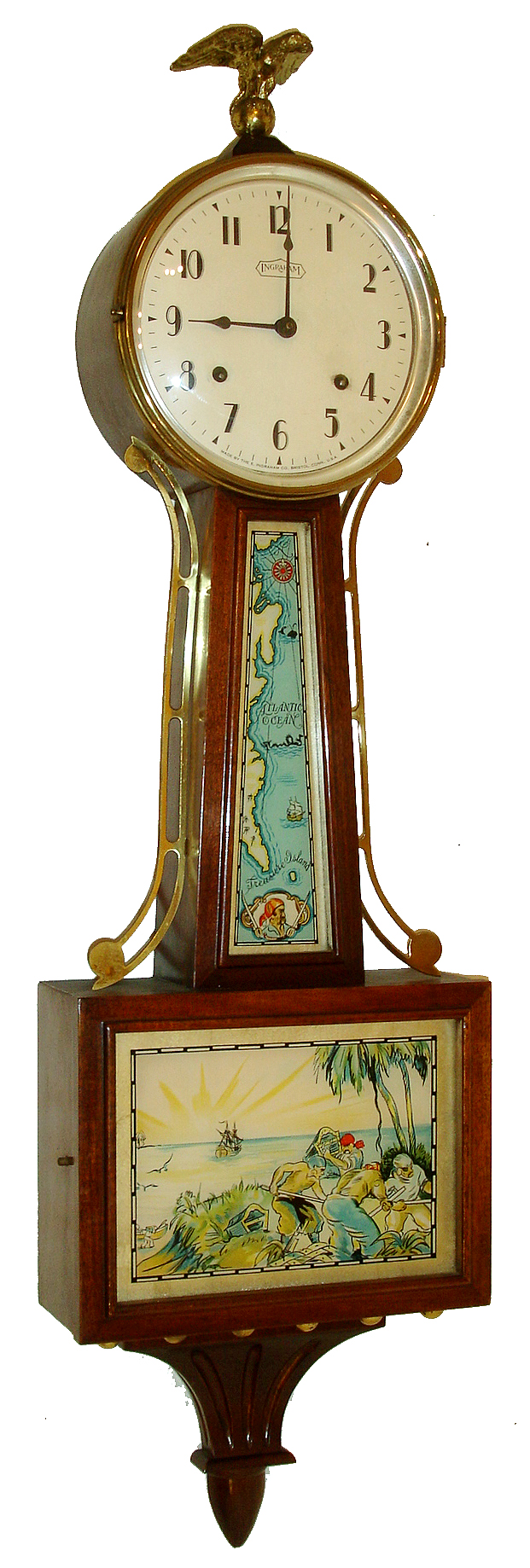 E. Ingraham &amp; Co., Bristol, Conn., "Treasure", also referred to as "Treasure Island", 8 days, time and strike, spring banjo clock, c1934 — Antique Clocks Price Guide