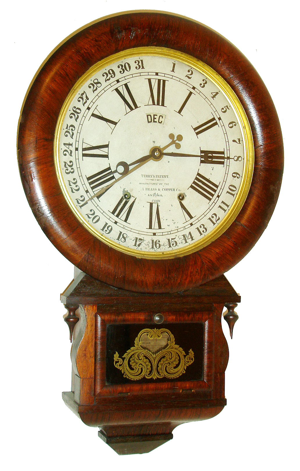 Ansonia Brass and Copper Co., Ansonia, Conn., "Drop Extra Calendar" Terry's Patent, 8 days, time and strike, calendar wall clock, c1875 — Antique Clocks Price Guide